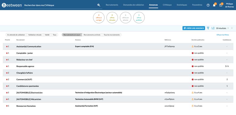 Vista de la lista de anuncios escritos en la cuenta Beetween