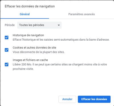 Effacement du cache sous Google Chrome