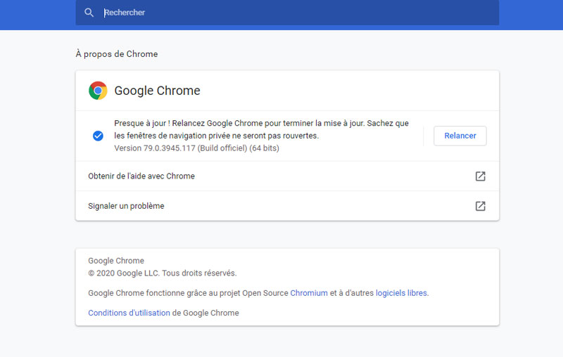 Mise à jour du navigateur Google Chrome