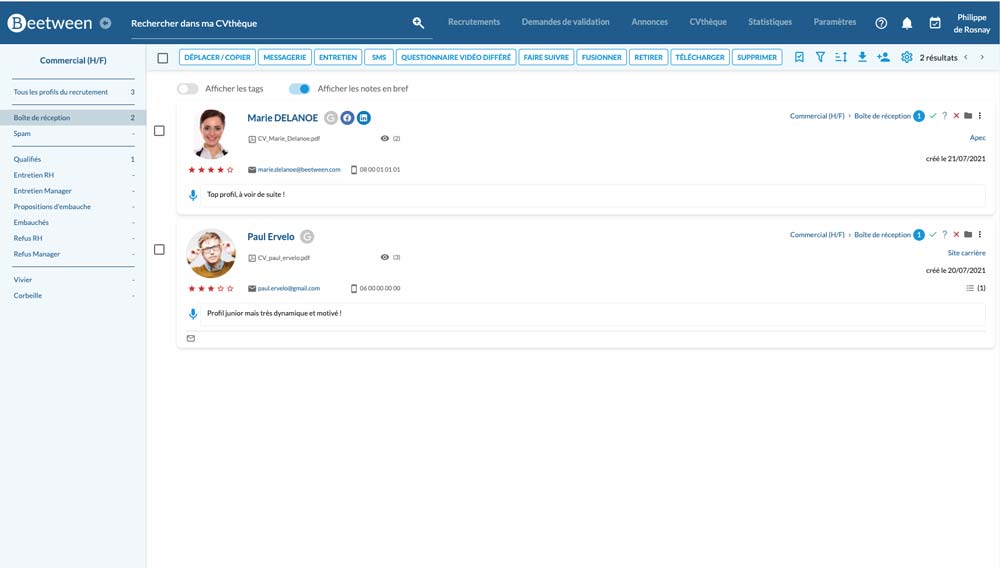 View of a list of candidate profiles in the CVthèque - Beetween