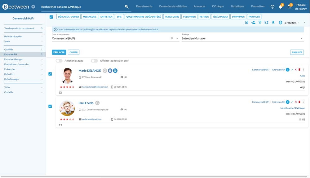 Déplacement et copie de candidats par la CVthèque - Beetween