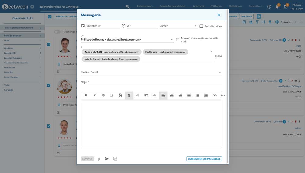 Envoyer une invitation à un entretien collectif à plusieurs candidats en même temps par la CVthèque - Beetween