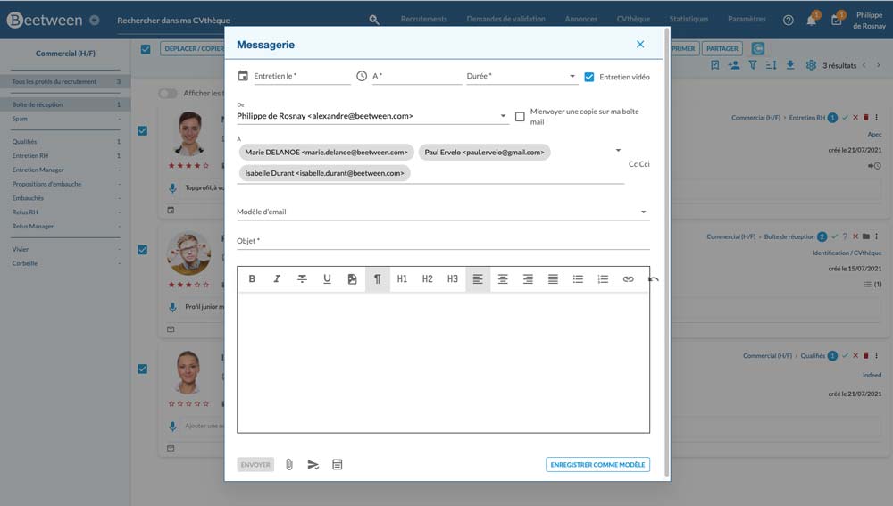 Envoyer une invitation à un entretien vidéo collectif à plusieurs candidats en même temps par la CVthèque - Beetween