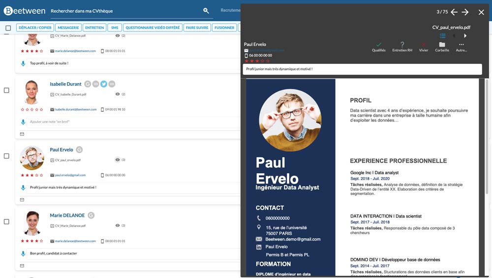 Functionality Quick split-screen viewing of CVs via the CV library - Beetween