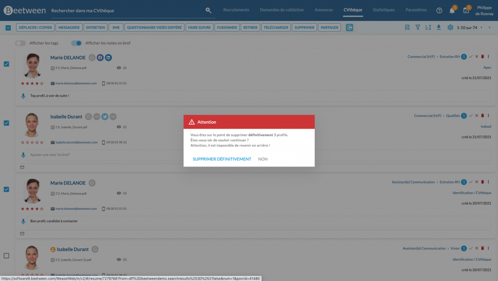Supprimer des profils candidats depuis la CVthèque - Beetween
