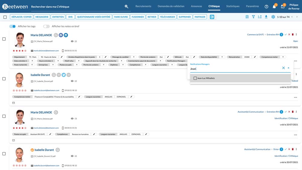 Notify a manager by tagging him or her on a candidate form via the CV library - Beetween