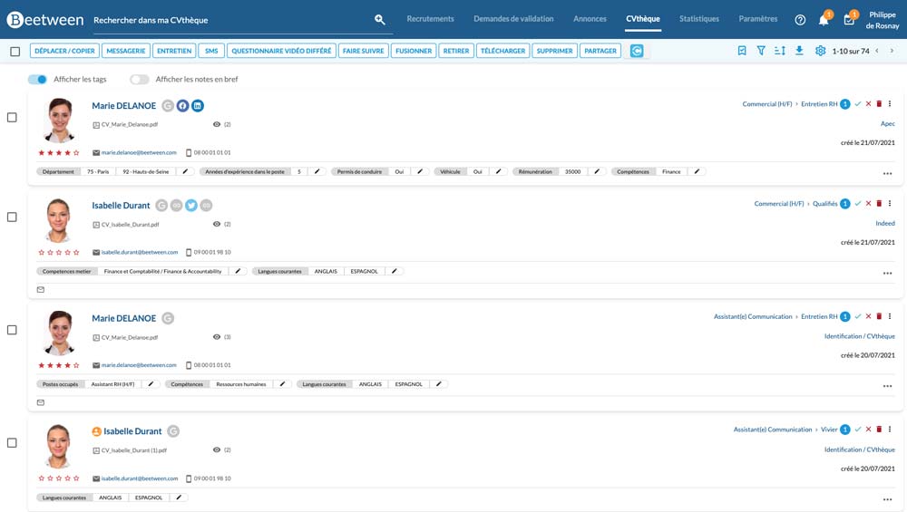 Affichage des tags sous les profils des candidats dans la CVthèque - Beetween