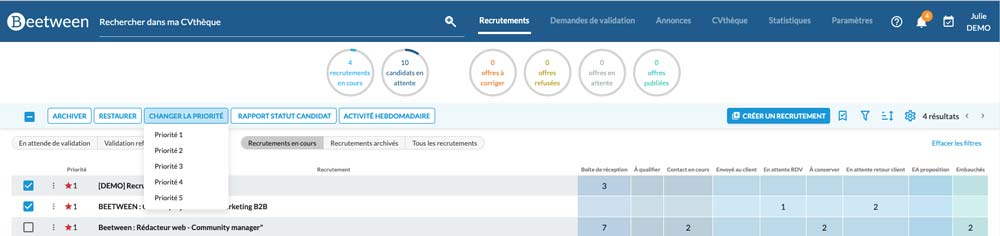 Changing the priority of several recruitments simultaneously