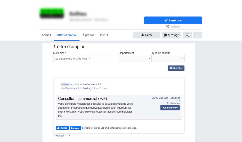 Ejemplo de anuncio publicado en la pestaña "Empleo" de la cuenta de Facebook