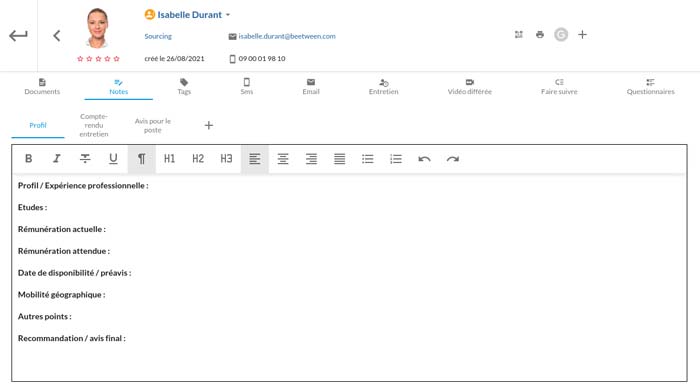 View of the complete notes available on a candidate file - Beetween