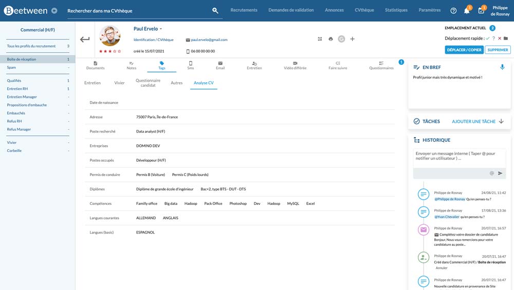 View of the tags filled in by the automatic analysis (parsing) of the candidate's CV - Beetween candidate file