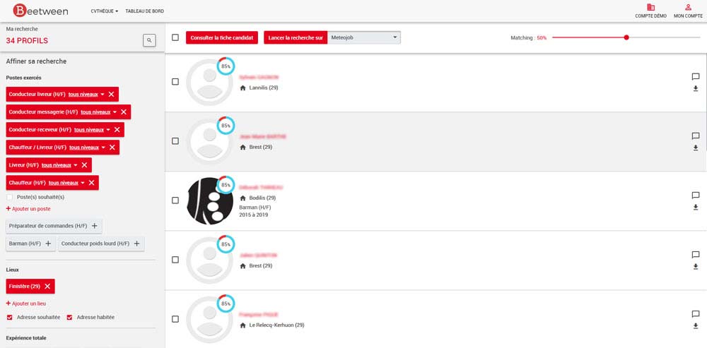 Cuadro de mandos de búsqueda de CV de su biblioteca de CV en Beetween con HRmatch: visibilidad del nivel de coincidencia entre la oferta y los perfiles