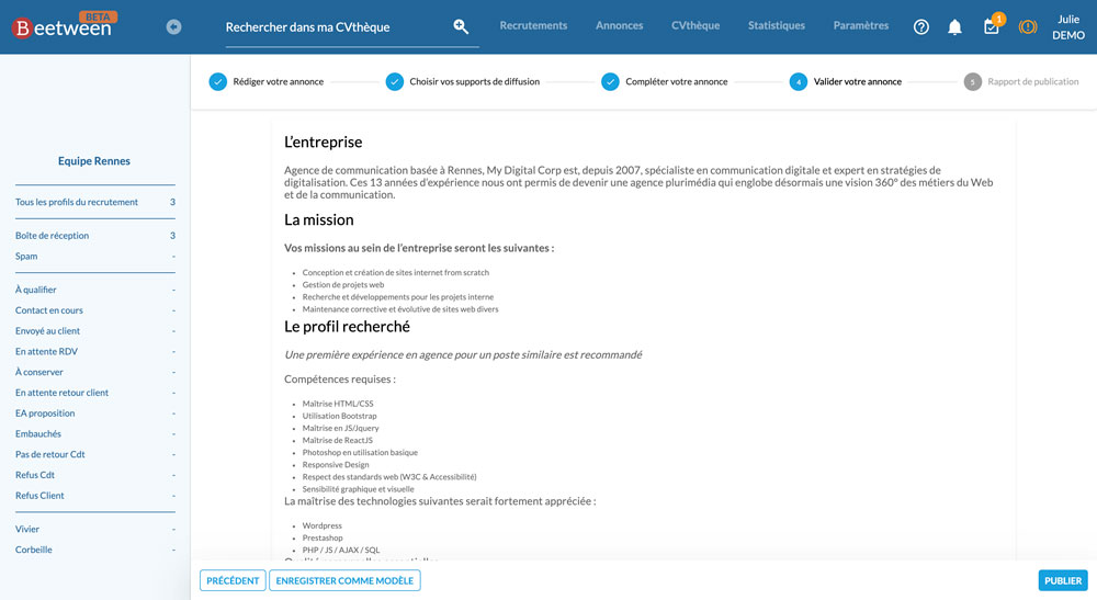 4ª etapa de la redacción de un anuncio: la página de validación. Permite controlar el contenido que se publicará y guardar el anuncio como plantilla.