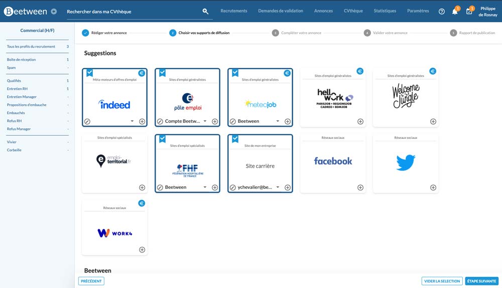 Página de selección del portal de empleo al publicar una oferta - Beetween