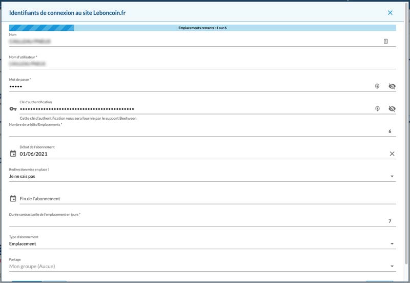 Ventana emergente para configurar la cuenta Leboncoin.fr como bolsa de trabajo - Beetween