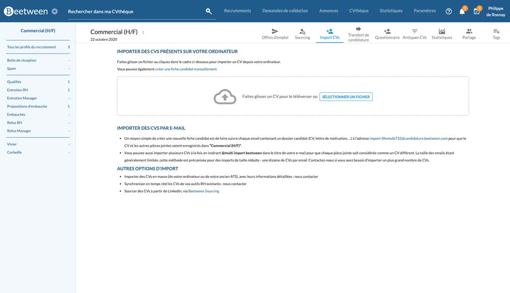 View of the Import CVs tab of a Beetween recruitment application