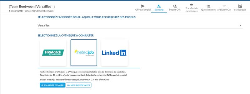 Recruitment sourcing tab: selecting a platform to source candidates - Beetween