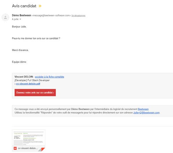 Exemple d'email reçu par le tiers après un envoi en Faire suivre - Beetween