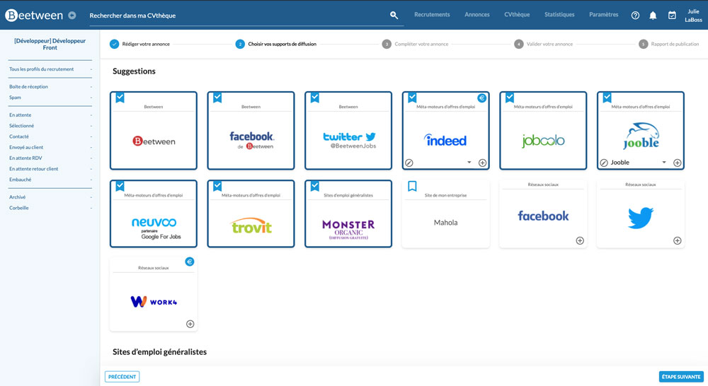 Job board selection page - suggested sites - Beetween