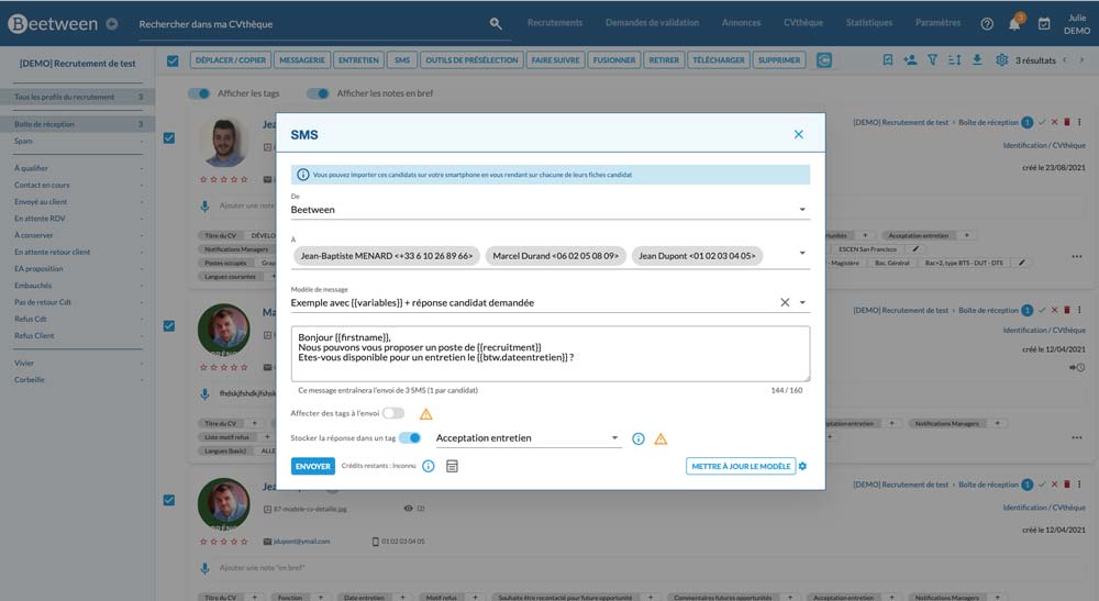 Envoi d'un question SMS à plusieurs candidats simultanément - Beetween
